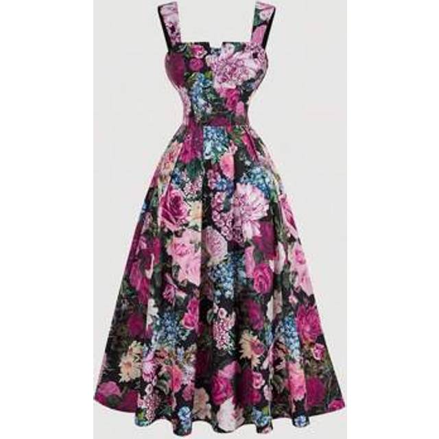 SHEIN Vintage Palace Style Print Megenta Women Dress New Years Eve Outfit Sundress Long Dress,Summer Dresses For Women
