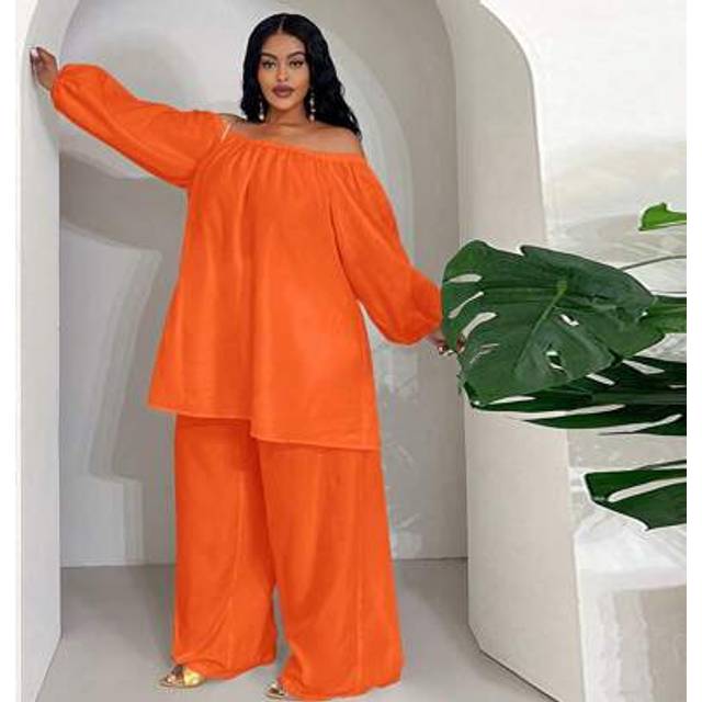 Slaydiva Plus Size White Loose Long Pants And Crop Top Two Pieces Set, Casual Vacation Wear For Early Spring