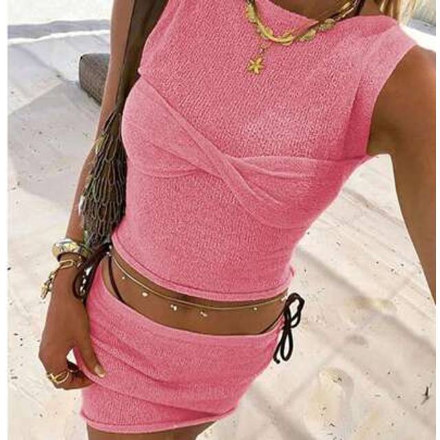 SHEIN 2pcs Vacation Hot Girl Vest Skirt Suit Yellow Chest Cross Design Casual Daily Spring/Summer Skirt Suit For Women Woolen Set, Two Pieces Set Women, Sum