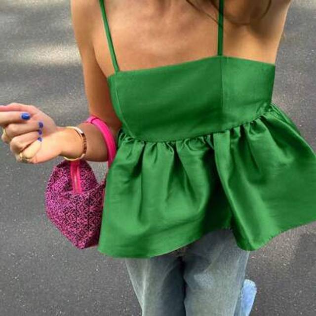 SHEIN Cute Ruffle Trim Open Back Green Camisole, For Women, Summer