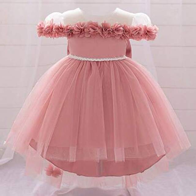 SHEIN Baby Girls Floral Mesh Back Bowknot Decorated Cute Party Dress, Suitable For 1st Birthday Celebration Flower Girl, Without Hair Accessories