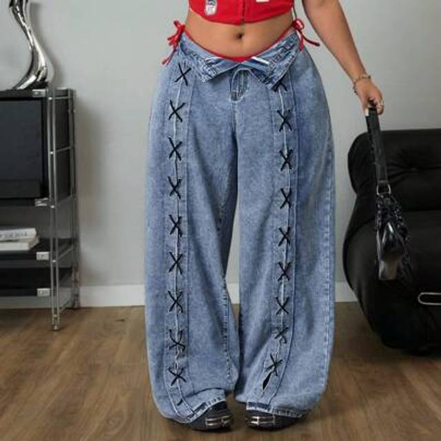 SHEIN Fashionable Casual Lace-Up Washed Baggy Jeans