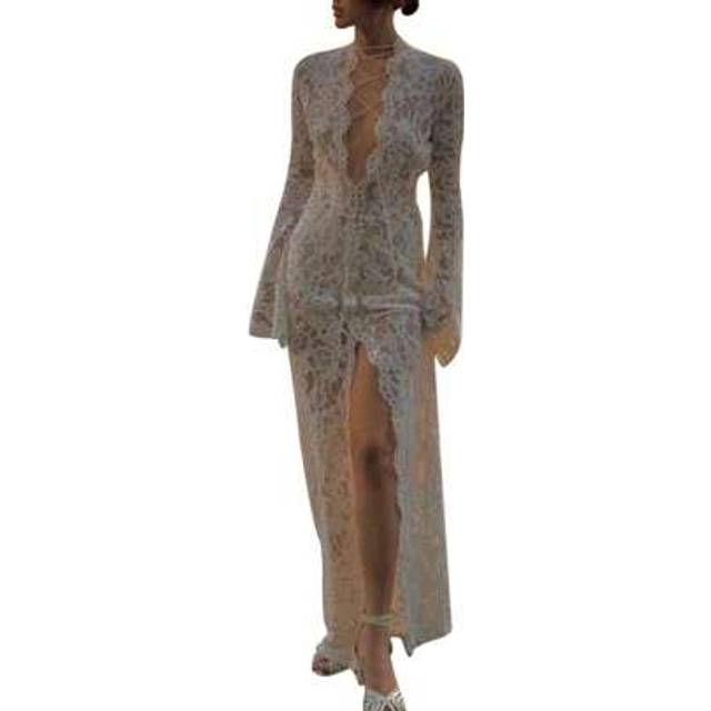 SHEIN Womens Floral Lace Dress Split Hem Deep See Through V Neck Long Sleeve Maxi Dresses