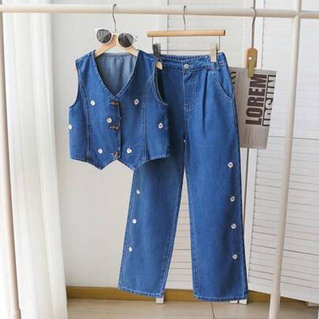 SHEIN Tween Girls Denim Two Pieces Outfits 2 Pieces Jean Set Girl Jean Set Jeans Set