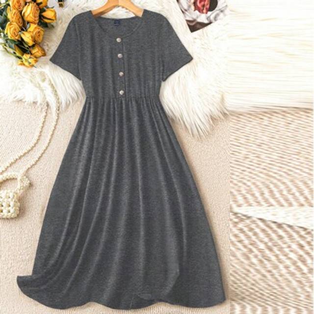 SHEIN Plus Size Basic Front Button Decor Round Neck Short Sleeve Comfortable Black Dress, Spring & Summer