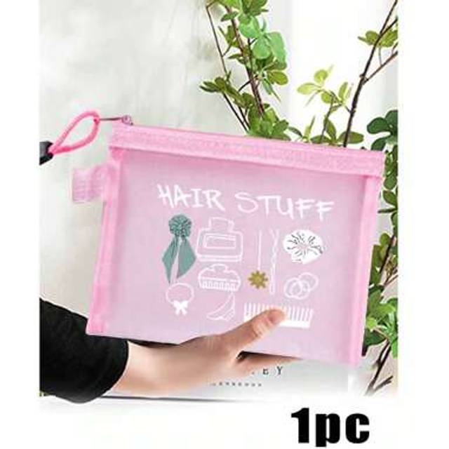 SHEIN 1pc Mesh Hollow Transparent Cosmetic Bag With Hair Decoration Pattern, Multifunctional Cosmetic Bag, Clip, Headband, Red Air Cushion Storage Portable