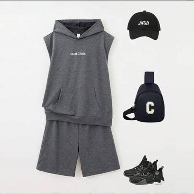 SHEIN 2pcs/Set Teen Boys Casual Versatile Hooded Sleeveless Sweatshirt And Shorts Set, Vintage Style Loose Minimalist Design, Suitable For Spring And Summer