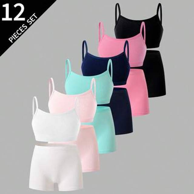 SHEIN 6pcs/Set Girls&#39; Cotton Solid Color Simple Camisole Bra And Briefs Underwear Set