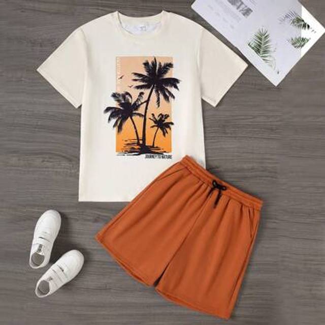 SHEIN 2 Pcs/Set Teenage Boys Casual Coconut Tree Print Vacation Short Sleeve Loose T-Shirt & Printed Shorts Outfit