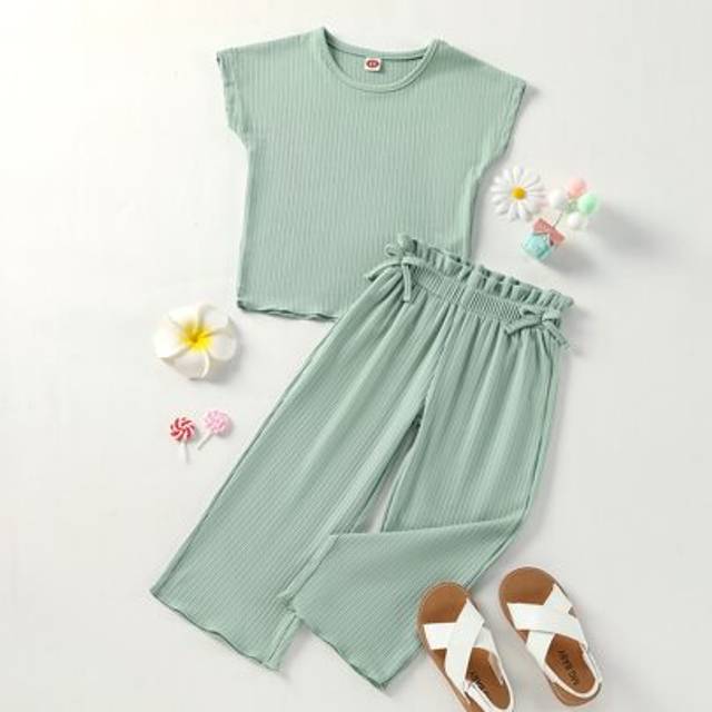 SHEIN Toddler Girls Batwing Sleeve Tee & Paper Bag Waist Trousers