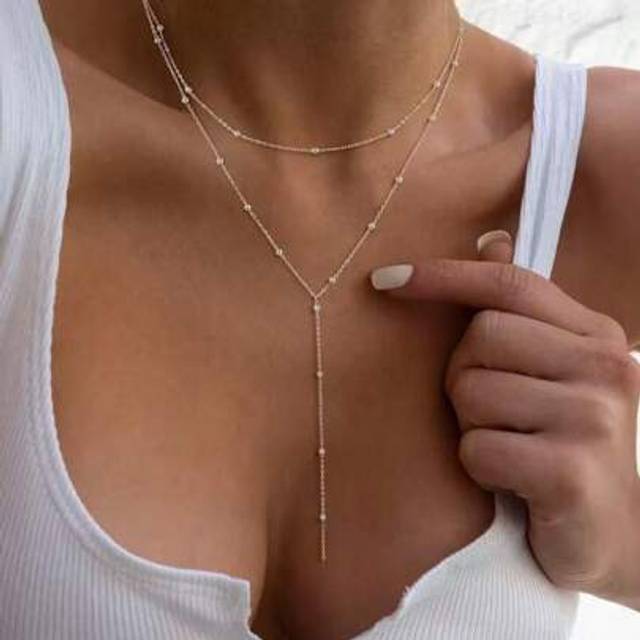 SHEIN 1pc 18K Gold Plated Stainless Steel Round Ball Necklace, Personalized Long Chain Design, Layered Wear Suitable For Ball, Date, Holidays, Gift (Bead Qu