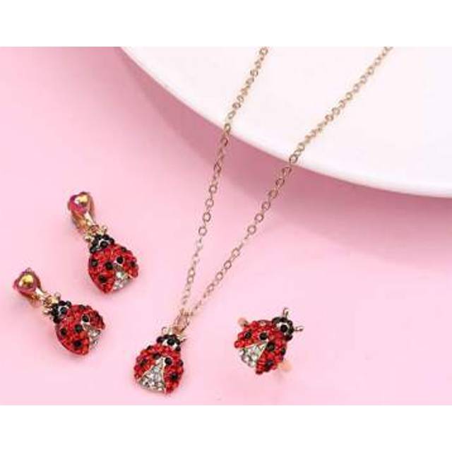 SHEIN 1pc Necklace, 1pc Ring, 2pcs Earrings Girls&#39; Cute Beetle Shaped Zinc Alloy Jewelry Set With Red & Black Acrylic Stones, Suitable For Daily Wear