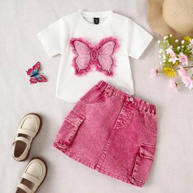SHEIN 1 Set Young Girl Casual Slim Fit White Short Sleeve T-Shirt With 3D Butterfly Embroidery Design & Pink Washed Casual Slim Fit Cargo Pocket Denim Skirt