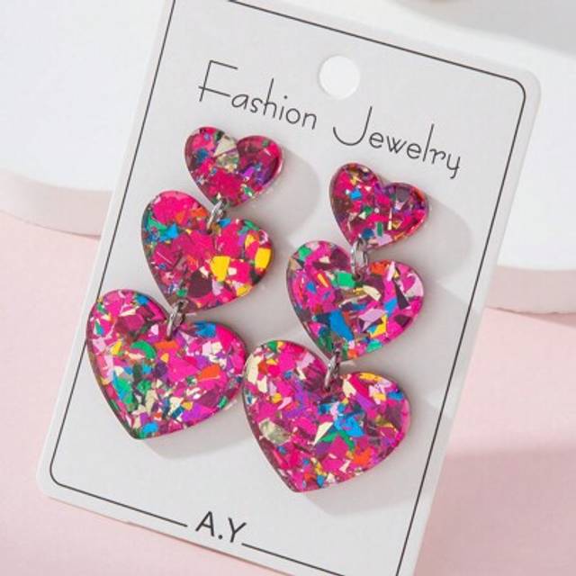 SHEIN 1 Pair Sparkling Heart Shaped Sequin Multi-Layer Heart Design Earrings For Women, Fashionable Jewelry Gift For Valentine&#39;s Day Date Valentines,Mom,Mot