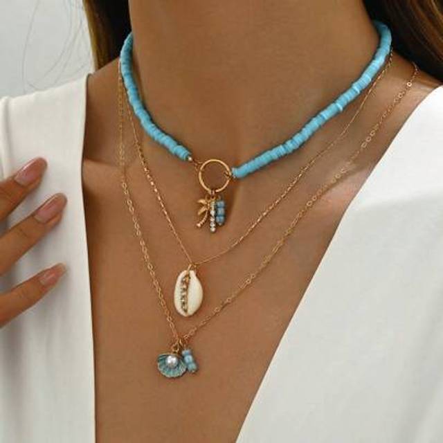 SHEIN 3pcs Bohemian Beach Holiday Style Starfish, Shell, Flower, Palm Tree Print Multilayer Necklace For Women