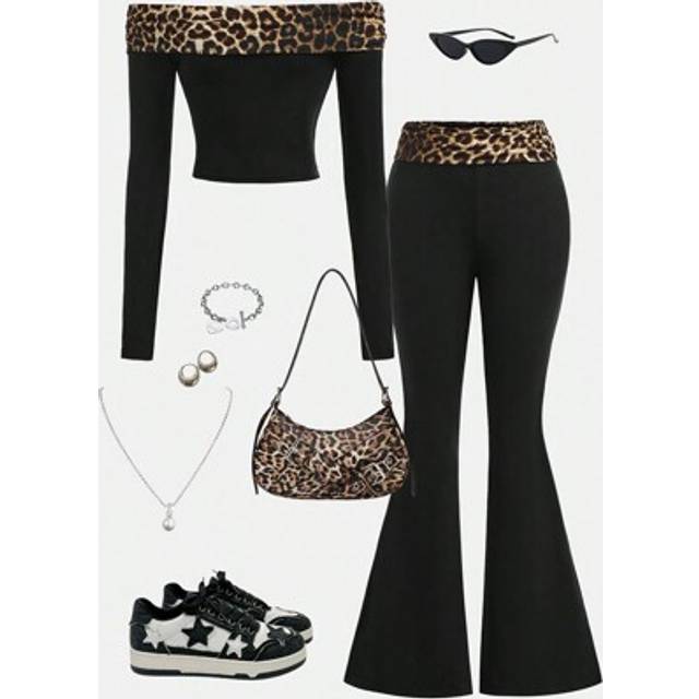SHEIN Teen Girl 2pcs Knit Leopard Contrast Cheetah Print Splicing Off-Shoulder Long Sleeve Cropped Top And Low Waist Flare Pants Casual Outfit Set