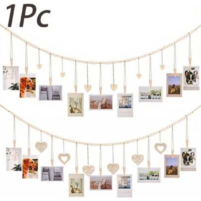 SHEIN Hanging Photo Frame With Clip,Wooden Beads String Hanging Photo Display Strap (With 9 Clips) Boho Log Color Wooden Beads Garland Photo Clip Wooden Cli