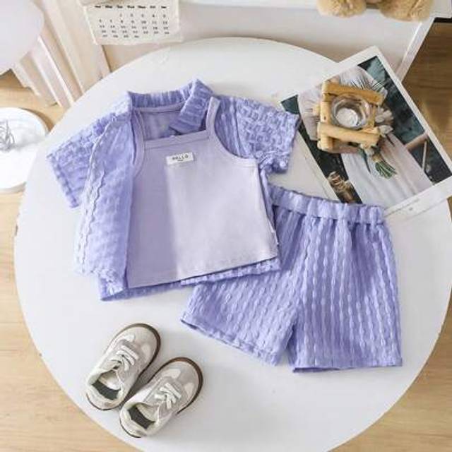 SHEIN 3pcs/Set Baby Girls&#39; Casual Transparent Shacket, Tank Top And Shorts Outfit, Spring/Summer 0 3 Girl Clothes Baby Clothes For Girls Outfits Girl Baby K