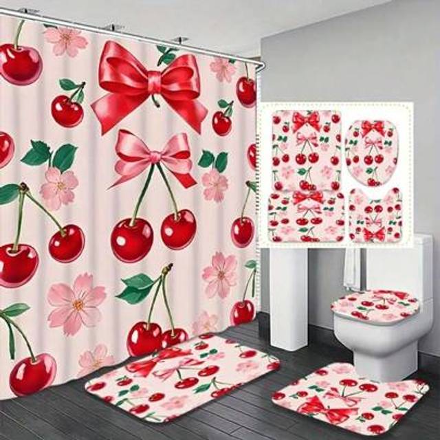 SHEIN 1/4pcs Creative Red Cherry & Pink Bow Pattern Shower Curtain Set, Modern Style Home Bathroom Decor, High Quality All Season Bathing Accessory, Machine