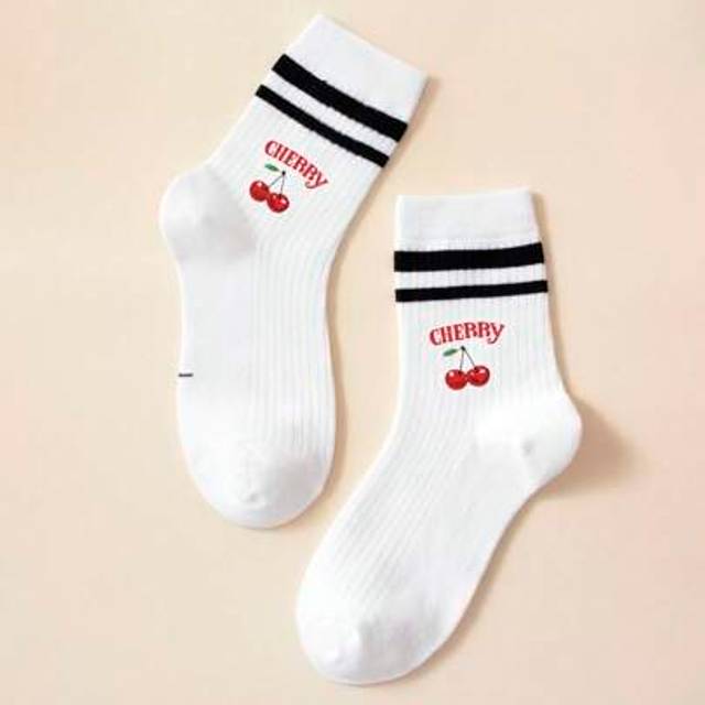 SHEIN 1 Pair Of Children&#39;s Socks, Cherry Letter Pattern Boys And Girls Four Seasons Simple Leisure Sports Children&#39;s Mid-Tube Socks.