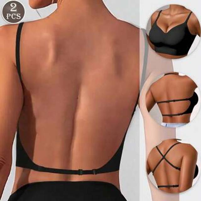 SHEIN 2pcs Women&#39;s Seamless Backless Bra Underwear Summer Bra Bridallingerie Three Types Of Straps, Lightweight Breathable Thin Cup Light Support Detachable