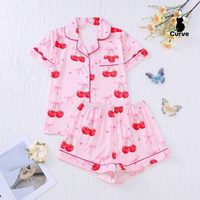 SHEIN 2pcs Cute Cherry Print Bow Decor Plus Size Women Pajama Set, Short Sleeve Collared Button-Up Soft Top & Elastic Waist Shorts, Fashionable Sleepwear/Lo
