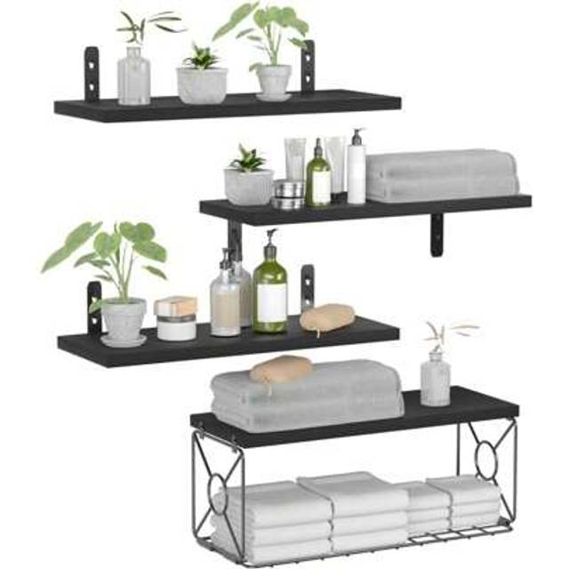 SHEIN Floating Shelves Set Of 4 Rustic Mounted Shelf With Metal Basket, Wall Shelves For Room Decor, Bedroom, Living Room, Kitchen, Bathroom, Office (Black)