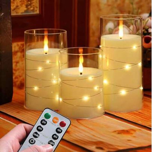 3 st Flamlösa ljus med fjärrkontroll och timer, LED-ljus med inbäddade stjärnljus, okrossbara 3D Wick Akrylbatteridrivna pelarljus, för romantisk atmo - varmvitt ljus (Multi-size)