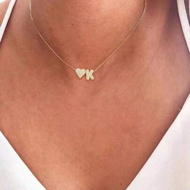 SHEIN 1pc New Simple Pave Zirconia Bubble Initial Heart Pendant Gold Color Stainless Steel Chain Necklace For Women