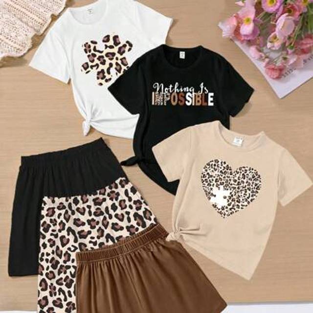 SHEIN 3pcs Girls Teens&#39; Casual Leopard Puzzle Graphic Letter Print Short Sleeve T-Shirt And Shorts Set