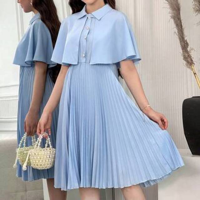 SHEIN 2pcs/Set Teen Girls Vintage Elegant Cape Collar Button Down Pleated Hem Dress