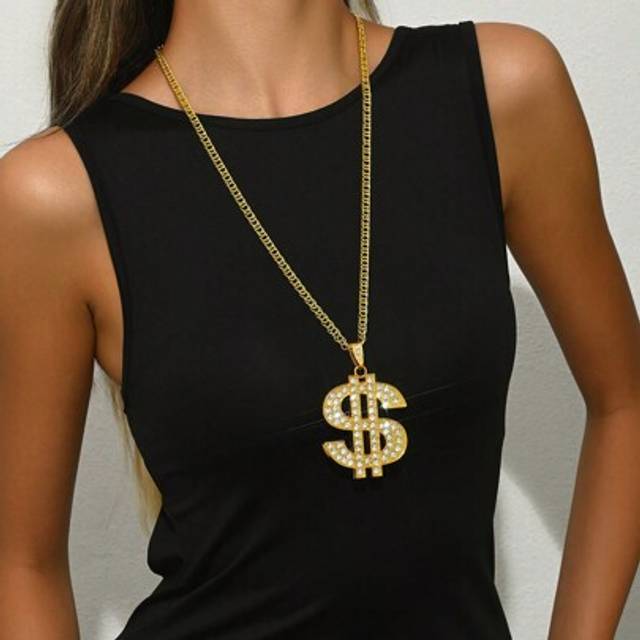 SHEIN 1pc Hip-Hop Retro Streetwear Photo Chain Dollar Sign Fully Rhinestone Pendant Necklace, Suitable For Men And Women Wearing Hip-Hop Style, Great Gift F