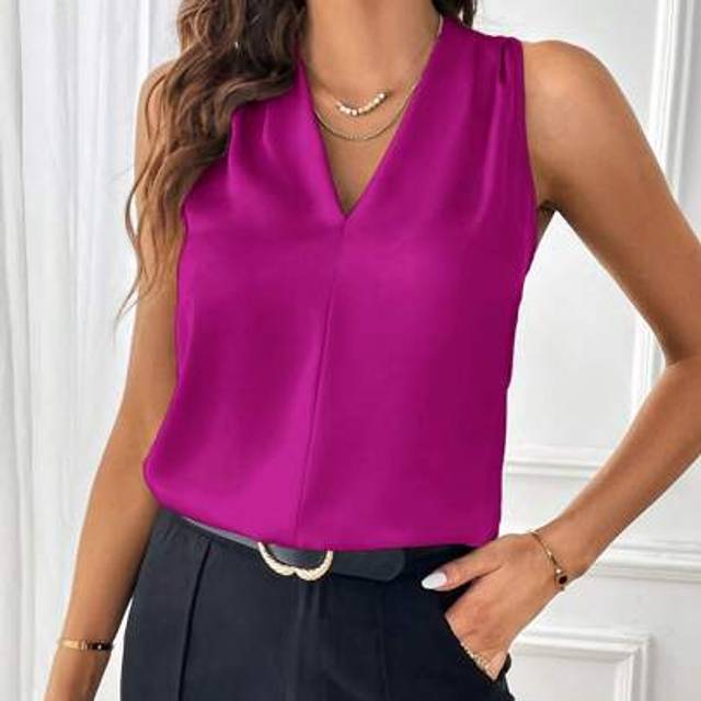 SHEIN Women&#39;s Solid Color V-Neck Sleeveless Casual Blouse For Work