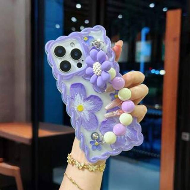 SHEIN Purple Floral Cable Knit Wavy Edge Transparent Print Painting Anti-Drop Flower Chain Phone Case Compatible With Iphone 16/IPhone 16 Pro/IPhone 16 Pro