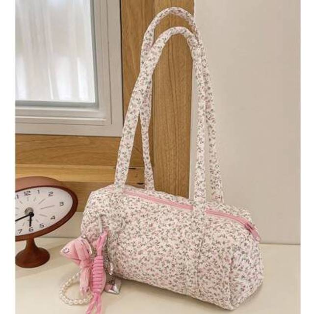 SHEIN 1 Piece Large Capacity Shoulder Bag With Pink Bow Bag Charms Cute Floral Pattern Handbag With Detachable Beaded Pearl Decor Fashionable Baguette Shoul