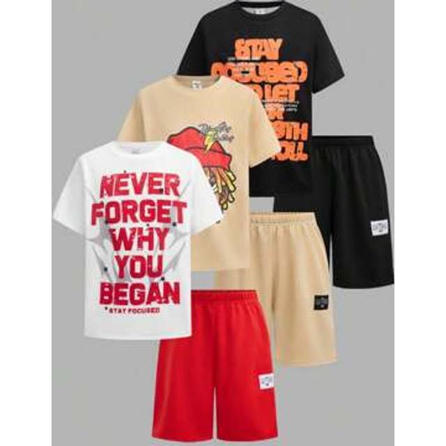 SHEIN 6pcs/Set Tween Boy Casual Street Fashion Big Letter & Cool African Kid Graphic Round Neck Short Sleeve T-Shirt And Shorts Set, Suitable For Commuting,