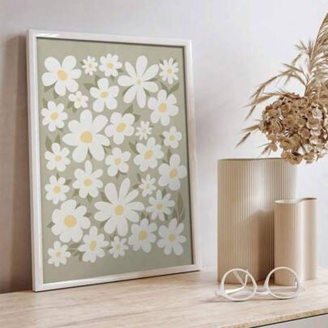 SHEIN 1PC Green Daisies Canvas Printed Wall Art Floral Illustration Botanical Poster Floral Artwork Living Room Bedroom Home Decor Mother&#39;s Day Gift Unframe