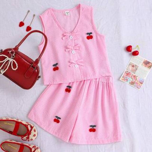 SHEIN 2pcs/Set Girl Casual & Vacation Sweet Pink Striped Plaid Sleeveless Vest Top + Matching Loose Relaxed Sports Shorts Set