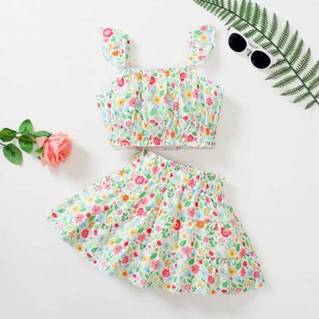 SHEIN Young Girl Floral Print Cap Sleeve Blouse & Skirt 2pcs Set