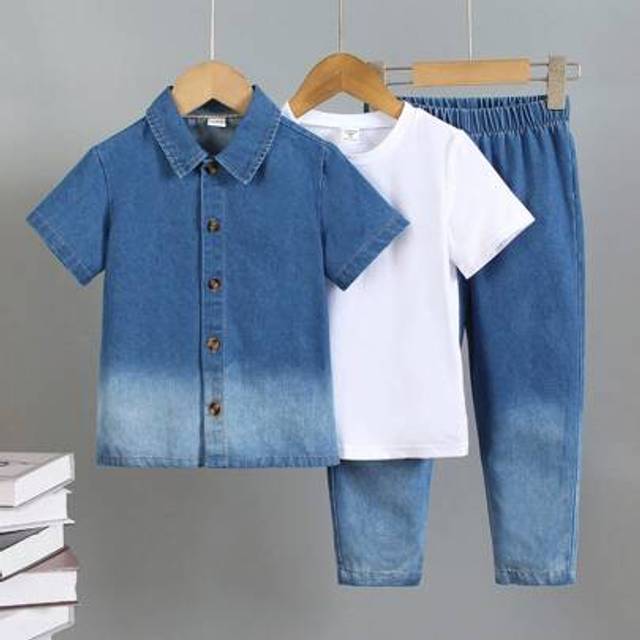 SHEIN 3 Pieces Set Young Boy Fashionable Short Sleeve Denim Ombre Shirt With Crew Neck T-Shirt And Pants. Soft And Lightweight Denim Effect With Ombre Wash