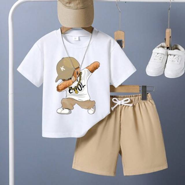 SHEIN Young Boy Cartoon Print Short Sleeve T-Shirt And Shorts Summer Outfit