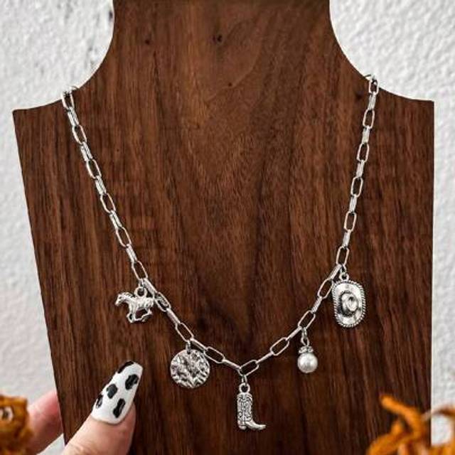 SHEIN 1pc Vintage  Western Cowgirl Boots Hat & Horses Faux Pearl Pendant Necklace For Women