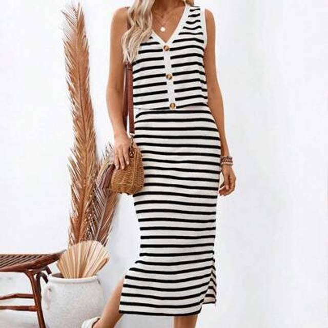 Luneh Striped Button Decorated Vest And Split Skirt Summer Casual Two Pieces Set