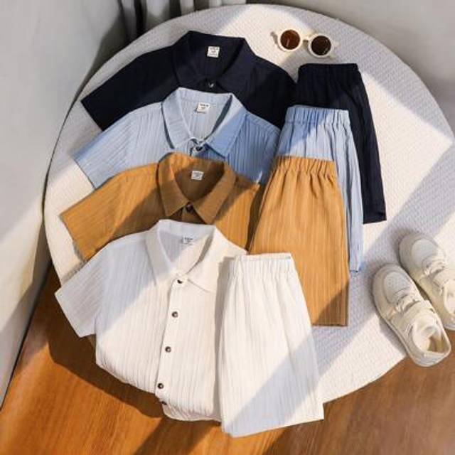 SHEIN 8pcs Boys Casual Elegant Sporty Preppy Streetwear Cute Vacation Multicolor Polo Collar Short Sleeve Shirts And Shorts Set, Suitable For Casual, Party,
