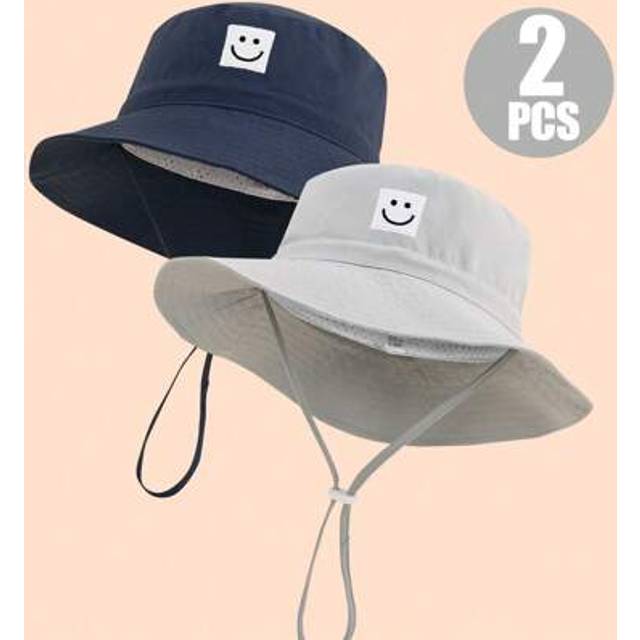 SHEIN 2pcs Kids&#39; Solid Color Embroidered Smiling Face Chin Strap Summer Beach Sun Protection Bucket Hats