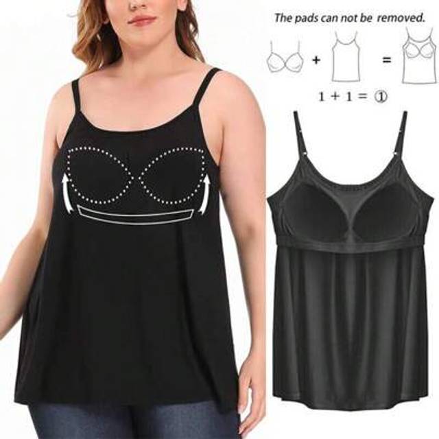 SHEIN 2 In 1 Built In Bra Women Cami Camisole Plus Size Casual Loose Fit Vest Push Up Tank Top Summer Flowy Swing Blouse Spaghetti Strap Shelf Bra Padded Un