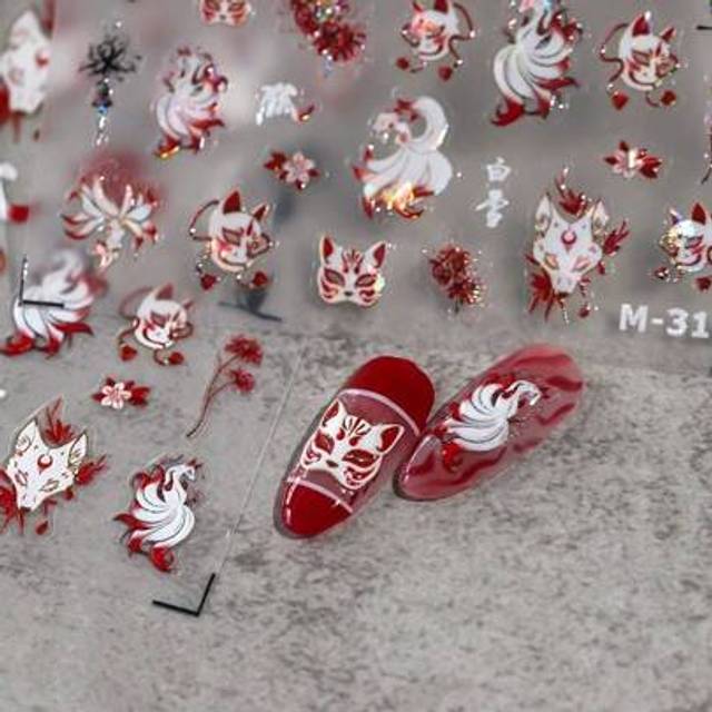 SHEIN 1pc Chinese Sexy Nine-Tailed Fox Mask Red Equinox Flowers Tragedy Love Soft Reliefs Self Adhesive Nail Art Stickers Manicure Decals