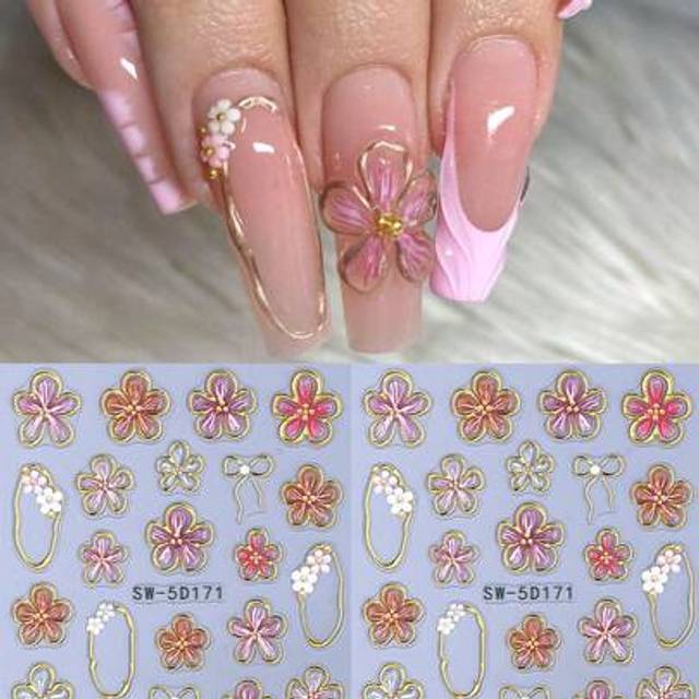 SHEIN 5D Gold Line Hibiscus Flower Nail Sticker Embossed Metallic Asymmetric Square Frame Pink Red Floral Petals Bowknot DIY Spring Summer Elegant Y2K Style