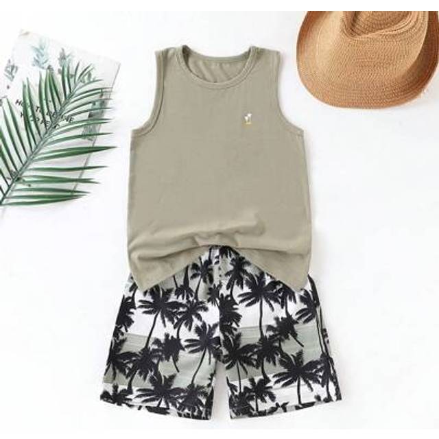 SHEIN 2 Pieces Casual Set: Boys Tree Pattern Sleeveless T-Shirt And Elastic Waist Hawaiian Shorts