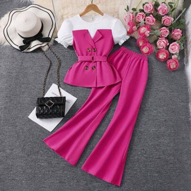 SHEIN Tween Girls Puff Sleeve Top With Belt And Solid Color Wide Leg Pants Set